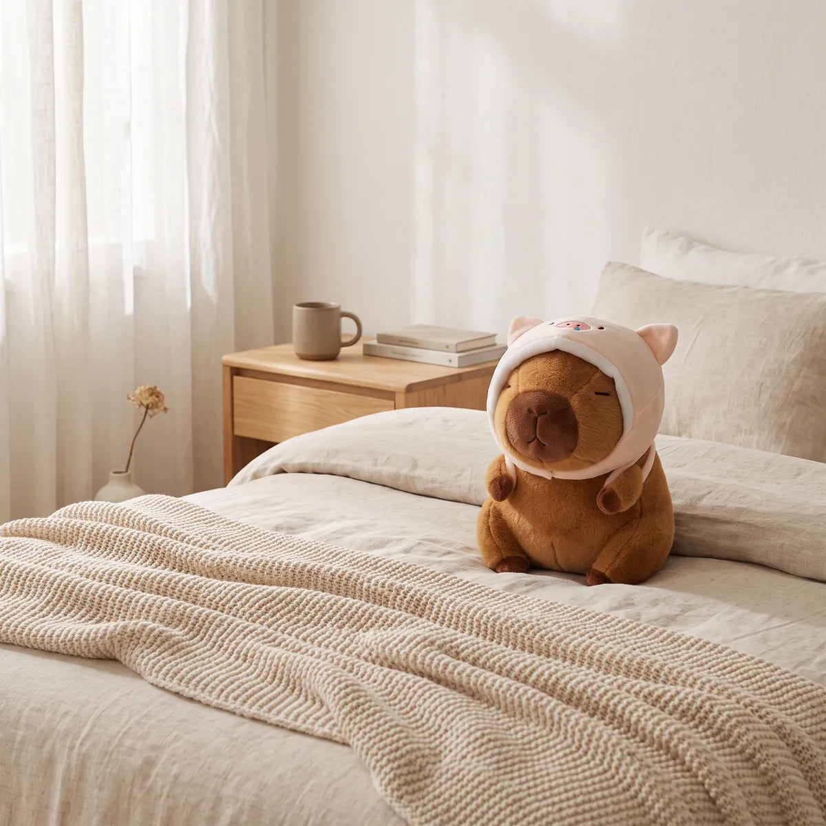 Piggy capybara plush sitting on a linen bed
