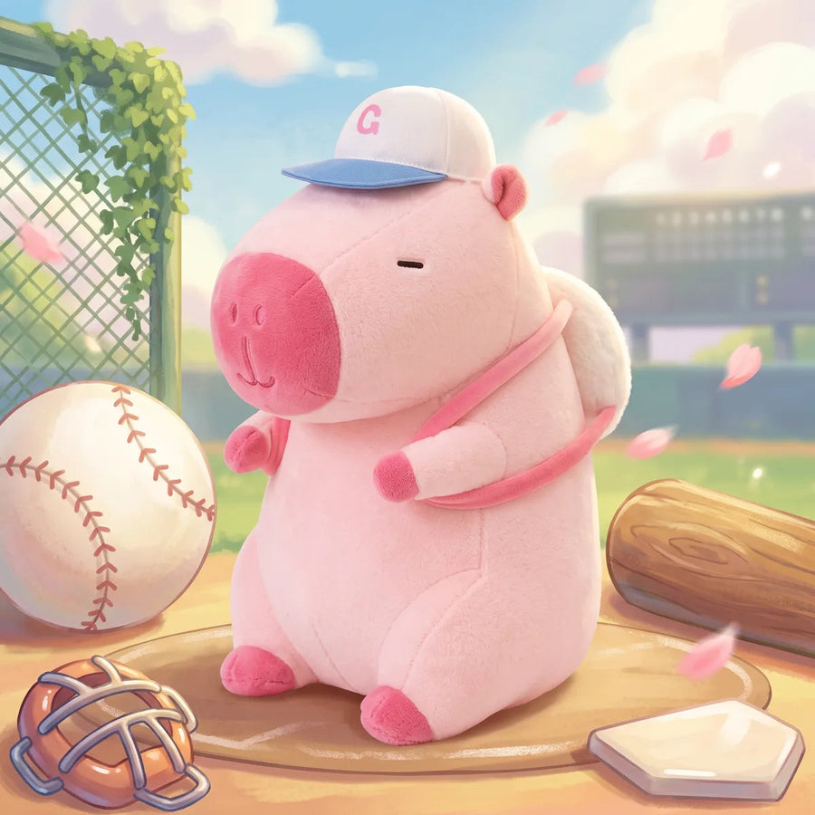 Pink baseball backpack capybara plush on home plate in an illustrated ballpark scene