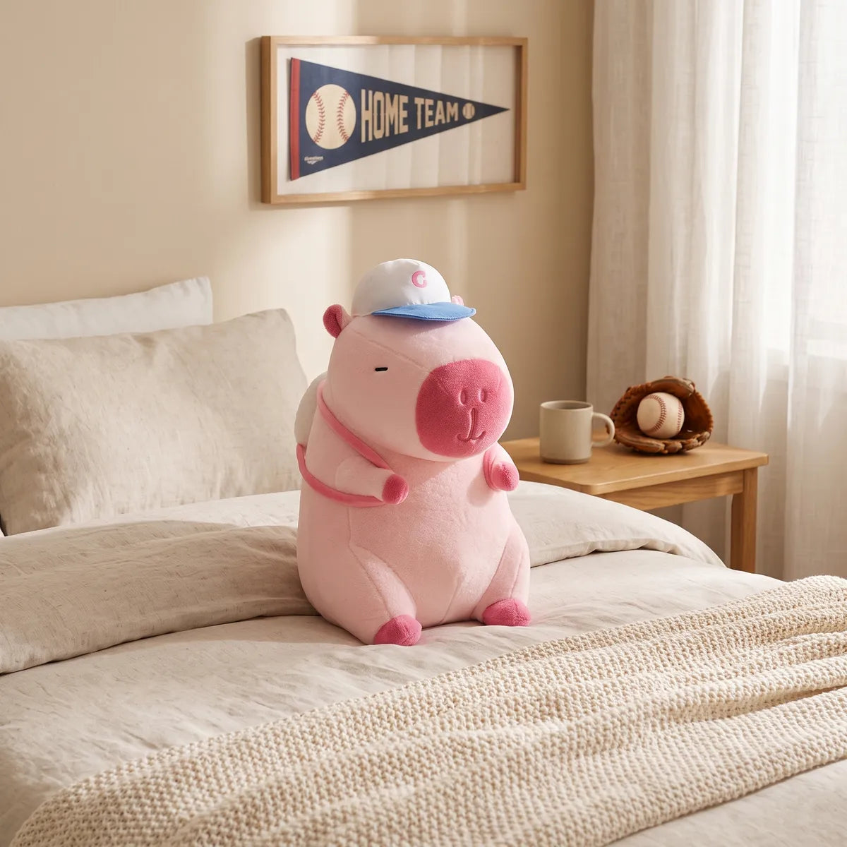 Pink baseball backpack capybara plush sitting on a bed under a pennant