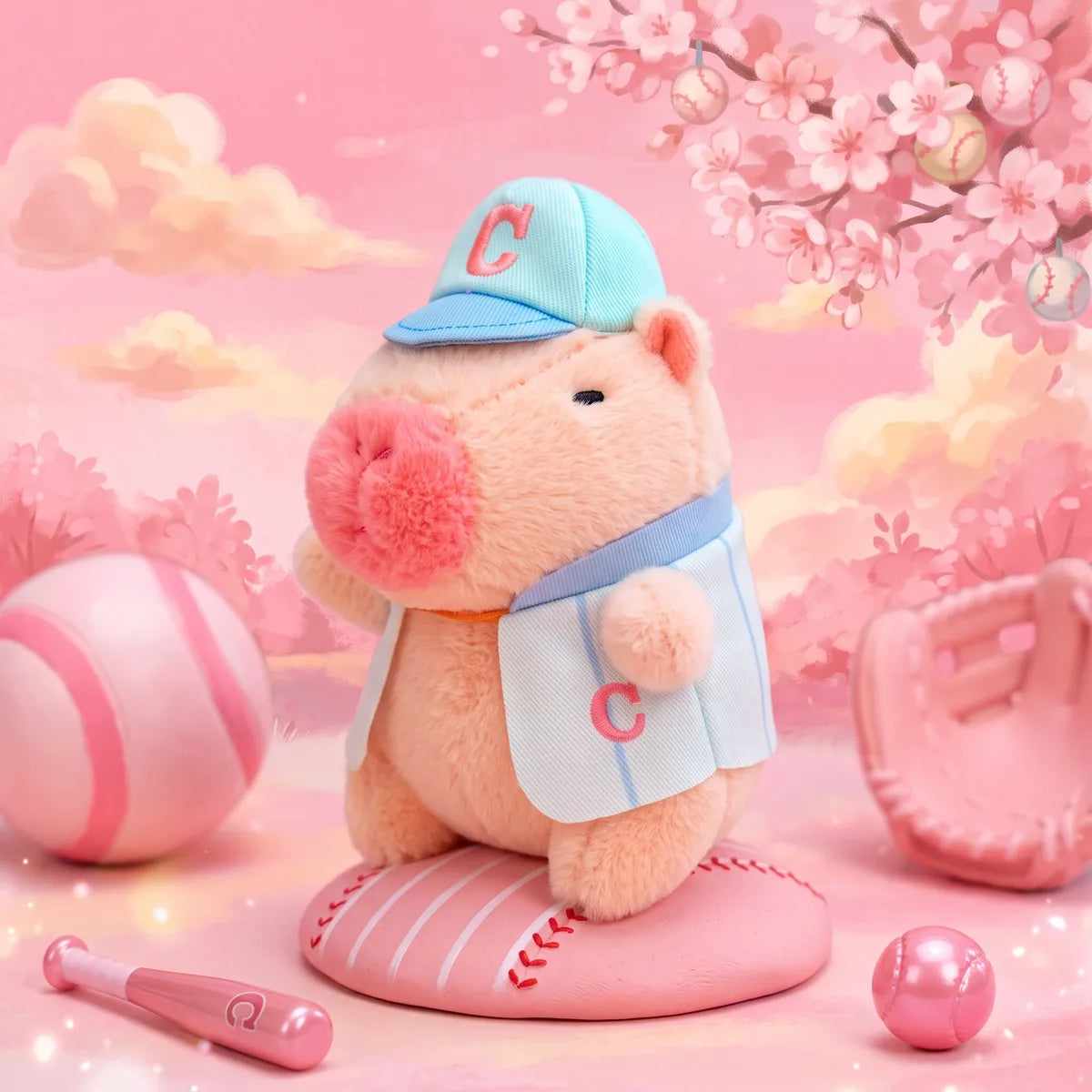 Pink baseball mini capybara plush in a blue cap on a home plate base under cherry blossom