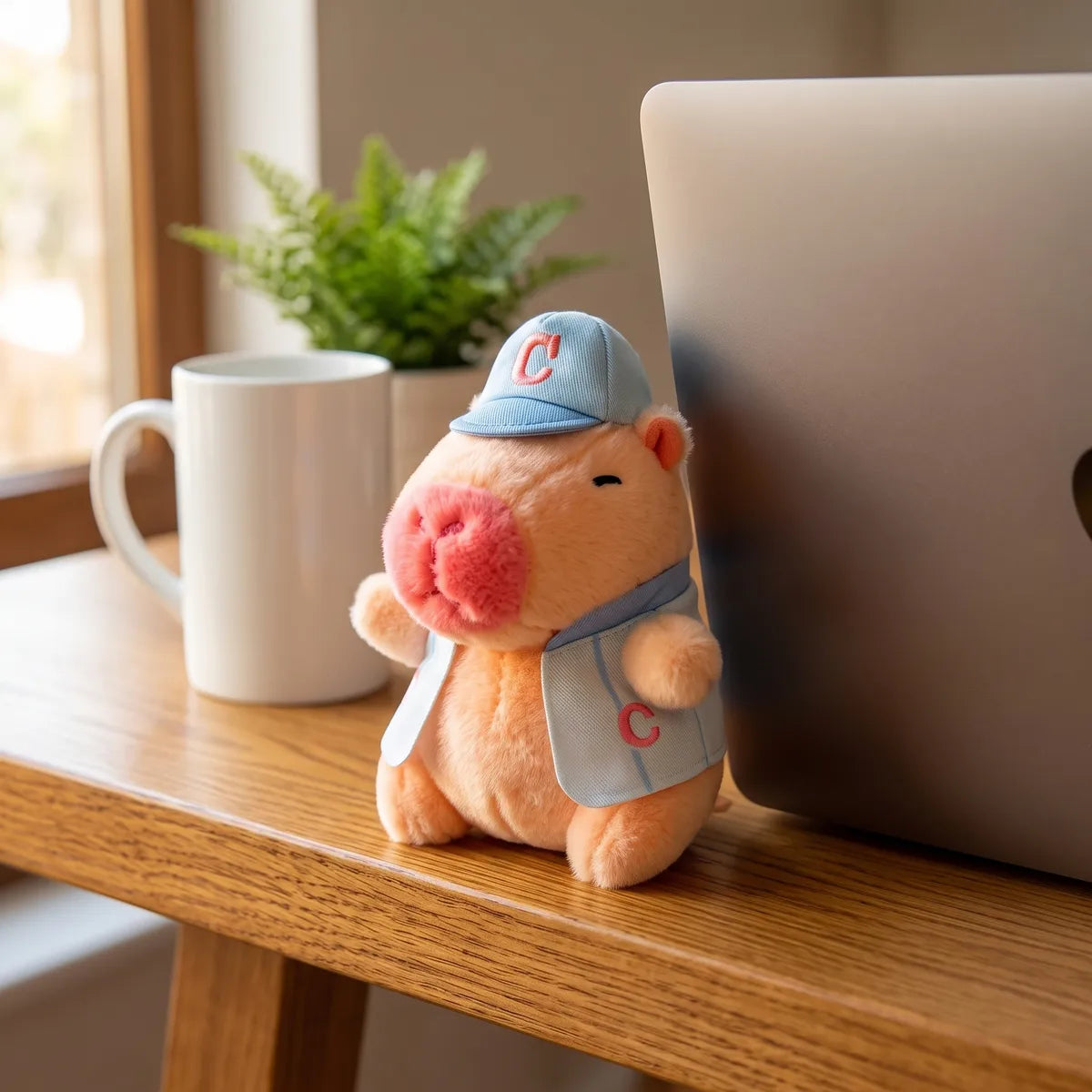 Pink baseball mini capybara plush on a wooden desk beside a laptop and a white mug
