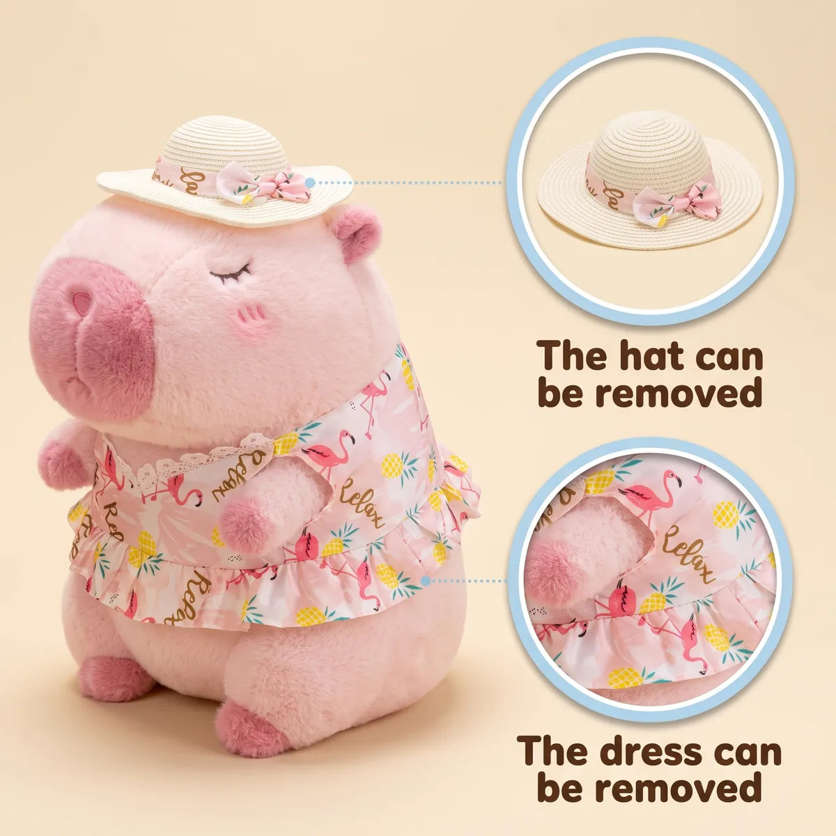 Product diagram showing the sun hat and the ruffled dress lifting off the pink capybara plush