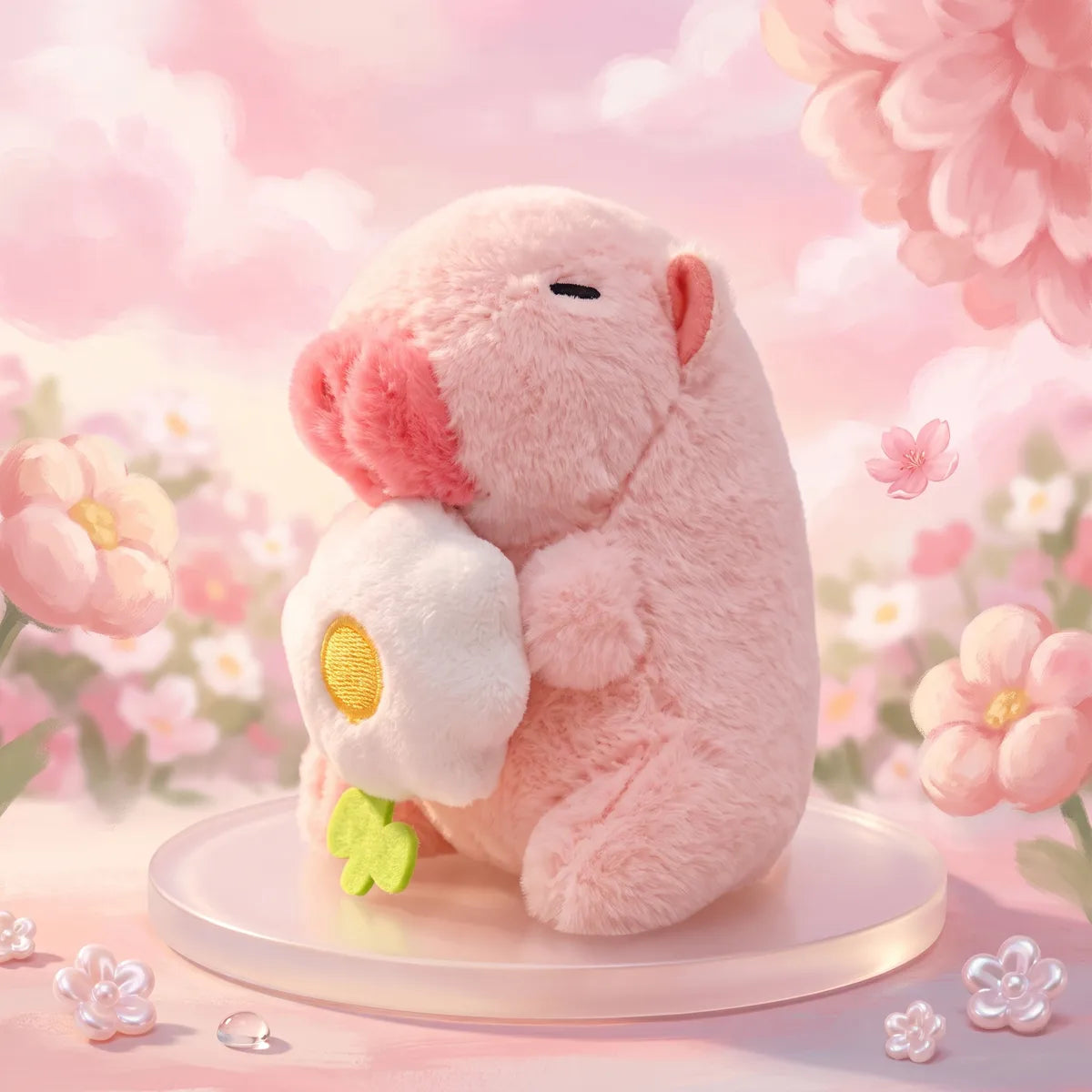 Pink mini capybara plush holding a white flower on a round podium surrounded by pastel blossoms