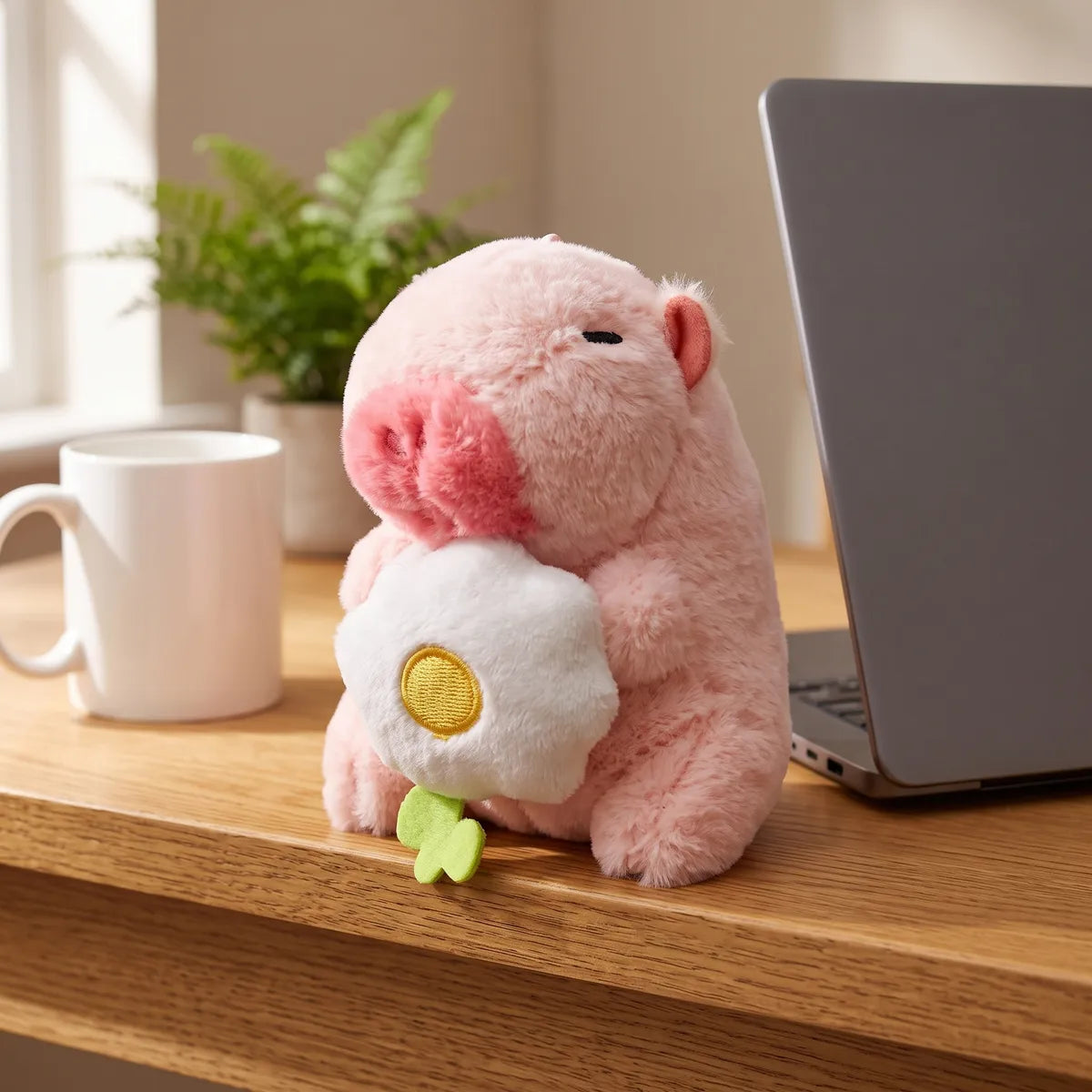 Pink mini capybara plush leaning against a laptop on a wooden desk beside a white mug
