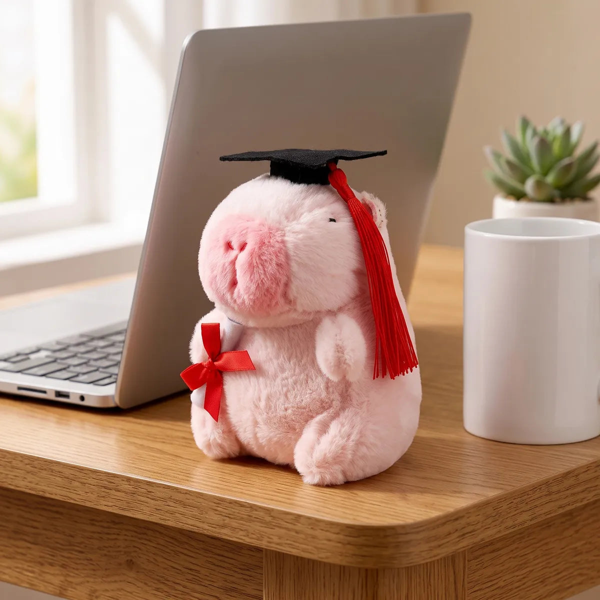 Pink graduation capybara plush sitting on a wooden desk beside a laptop and a white mug