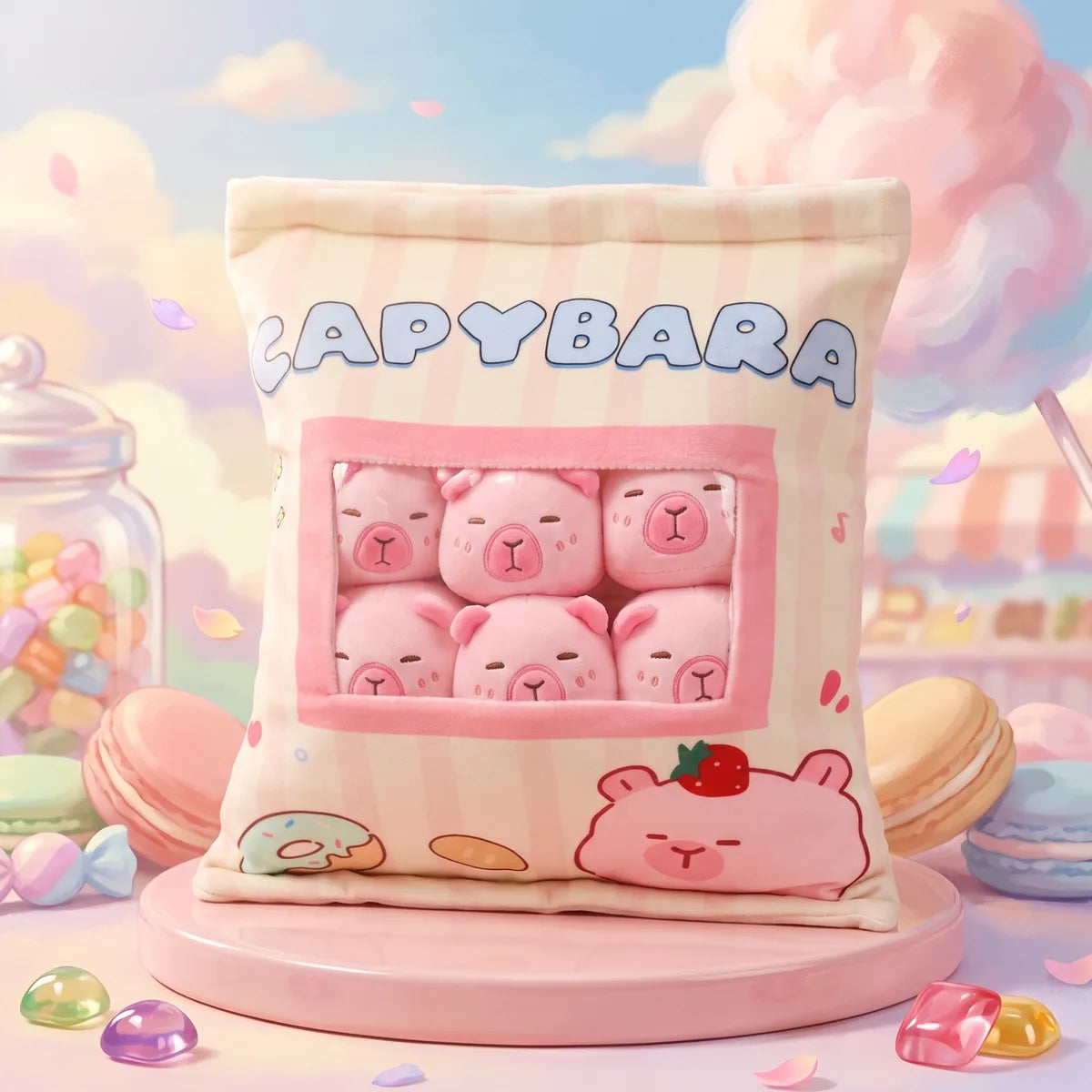 Pink mini capybara plush set in its snack bag pillow, staged in an illustrated candy shop with macarons and gumballs