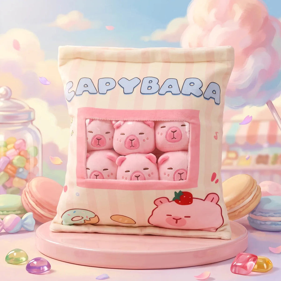 Pink mini capybara plush set in its snack bag pillow, staged in an illustrated candy shop with macarons and gumballs