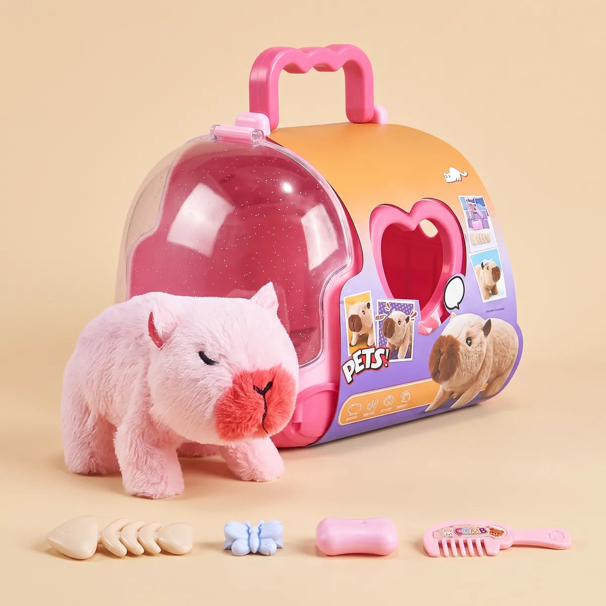 Pink walking capybara toy beside its glitter-domed carry case with a comb, a soap bar, a blue butterfly and a cream fish skeleton