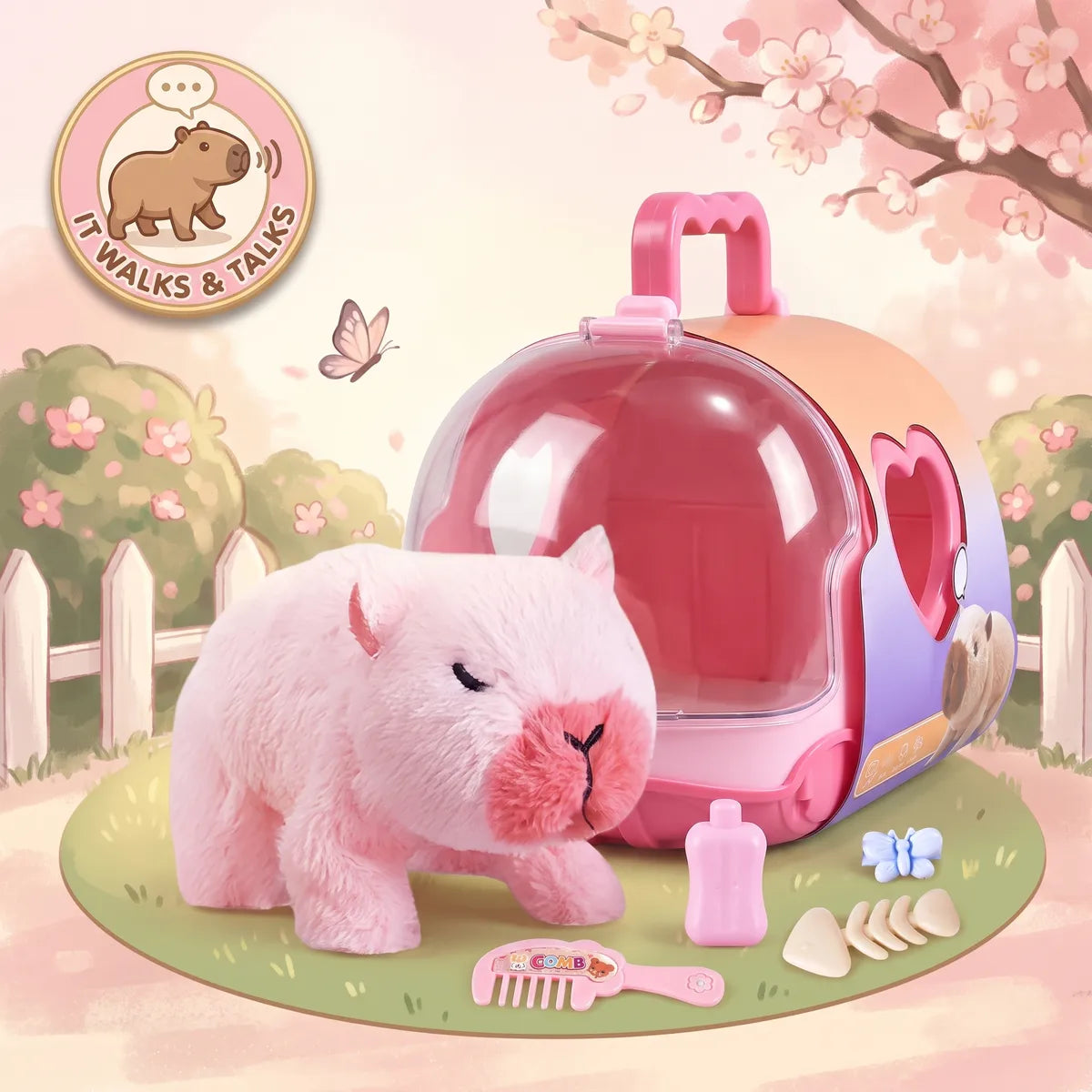 Illustrated cherry blossom scene of the pink walking capybara toy beside its pink and orange carry case, with an IT WALKS AND TALKS badge printed in the corner