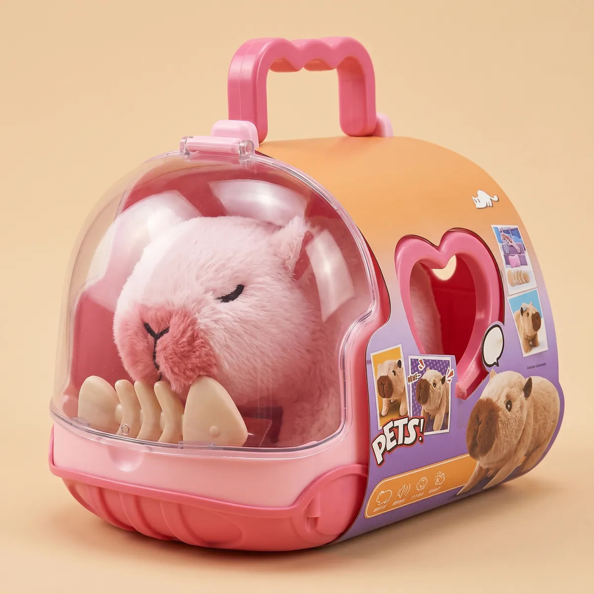 Pink walking capybara toy resting inside the pink carry case behind the clear lid