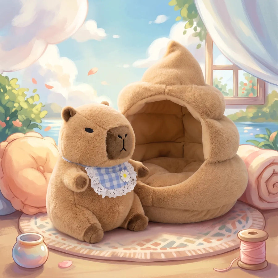 Poop house capybara plush sitting beside its swirl shaped plush house in an illustrated sunny room