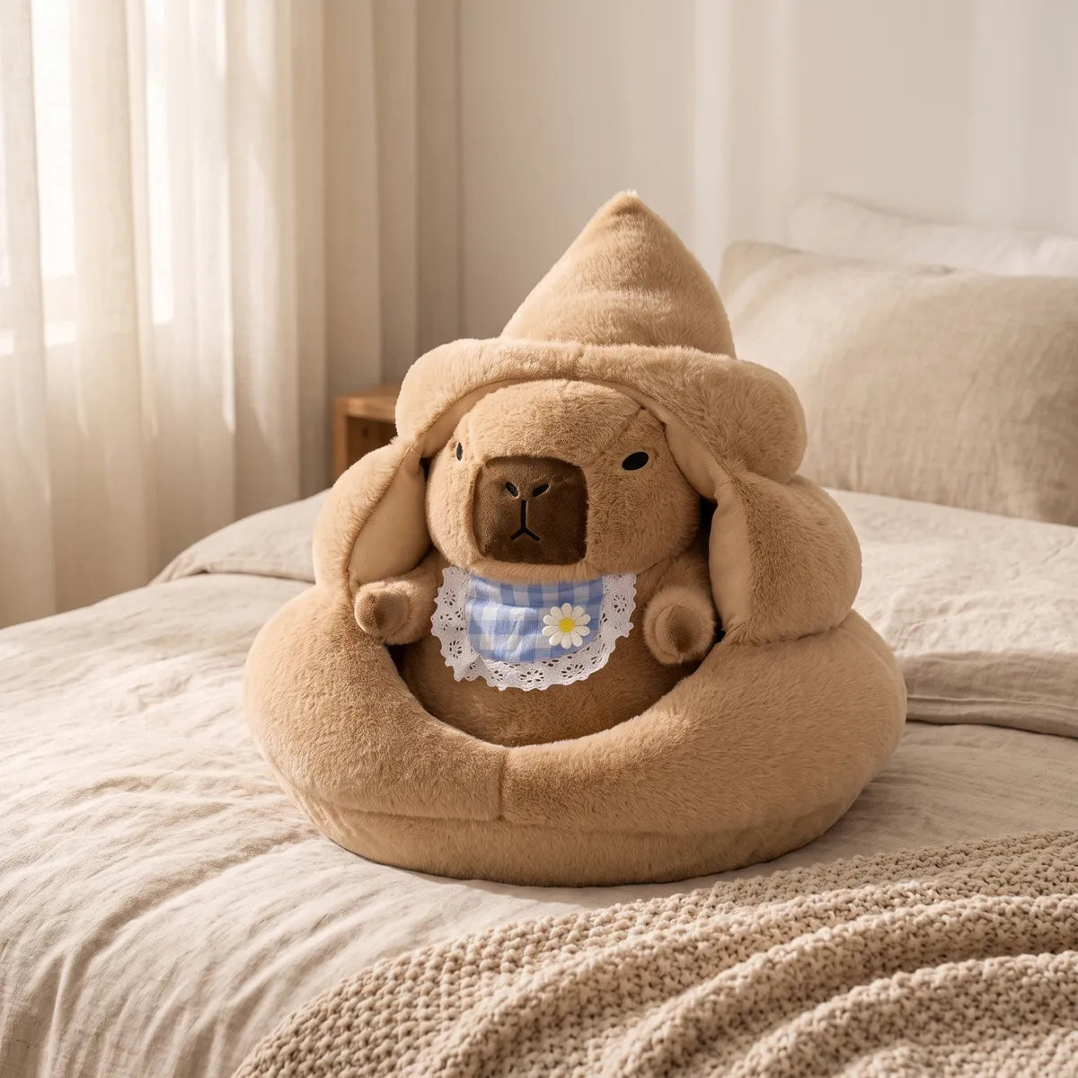 Capybara plush sitting inside its swirl shaped plush house on a linen bed