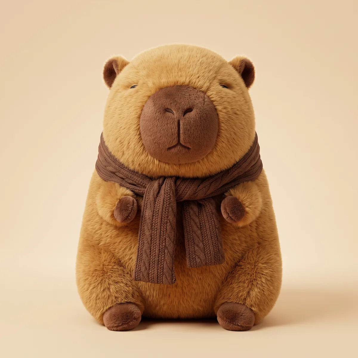 Front view of the caramel scarf capybara plush with its knotted cable knit scarf