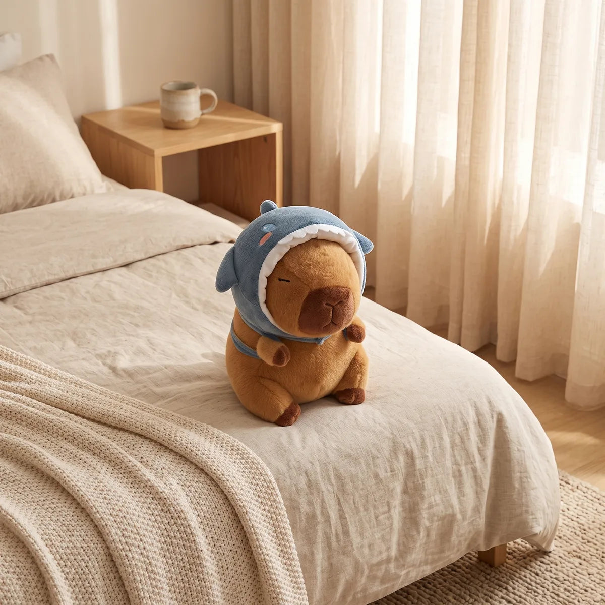 Shark hat capybara plush sitting on a linen bed in a sunlit bedroom