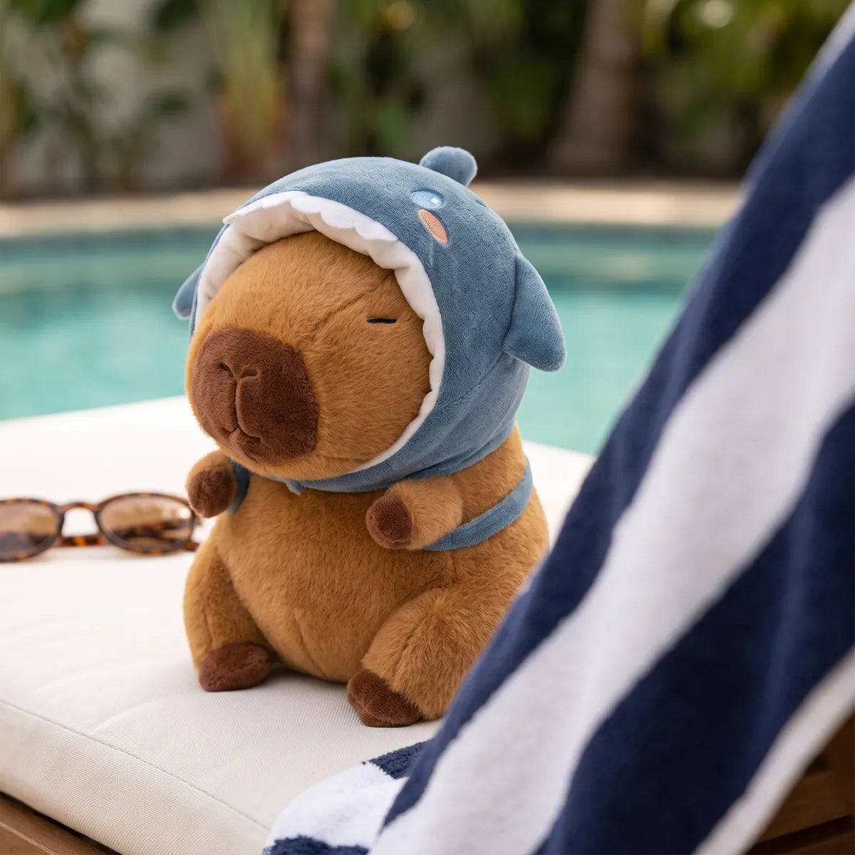 Shark hat capybara plush sitting on a sun lounger beside a swimming pool