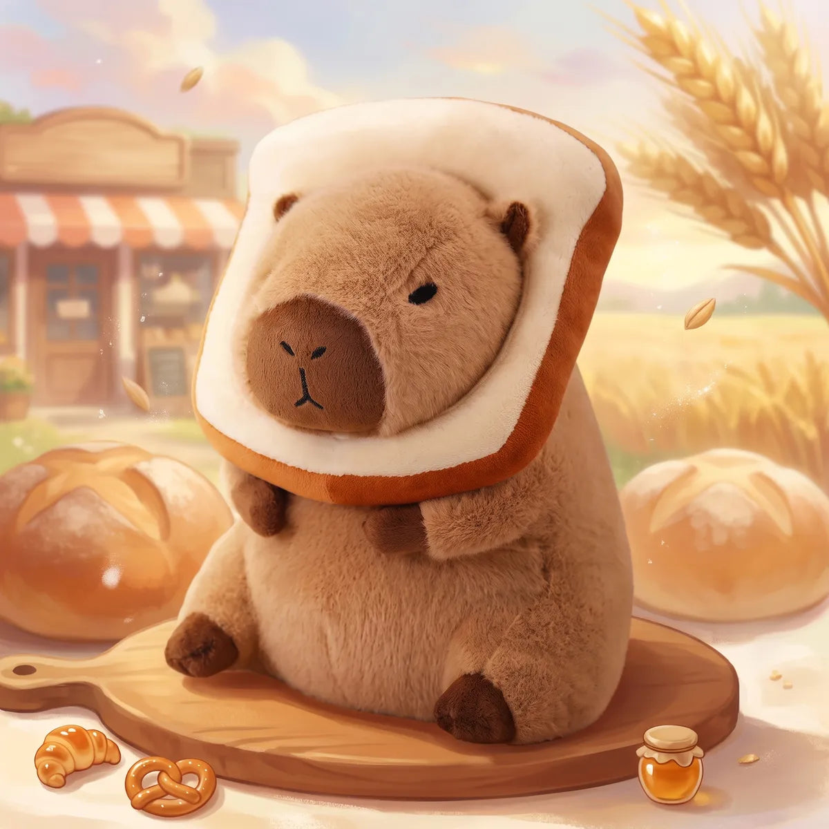 Slice of bread capybara plush in an illustrated bakery scene
