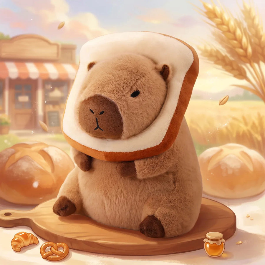Slice of bread capybara plush in an illustrated bakery scene