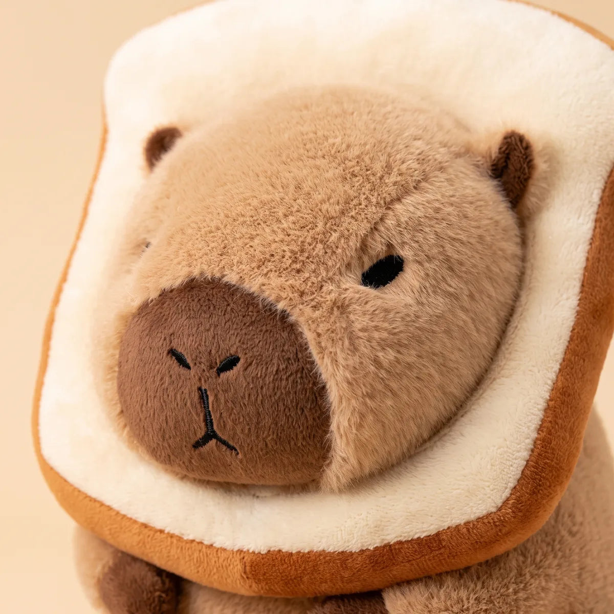 Close up of the capybara face framed by the crust of the toast slice
