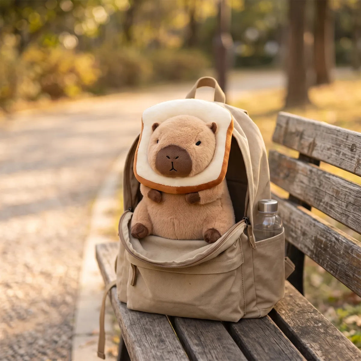 Slice of bread capybara plush placed in a bright home setting