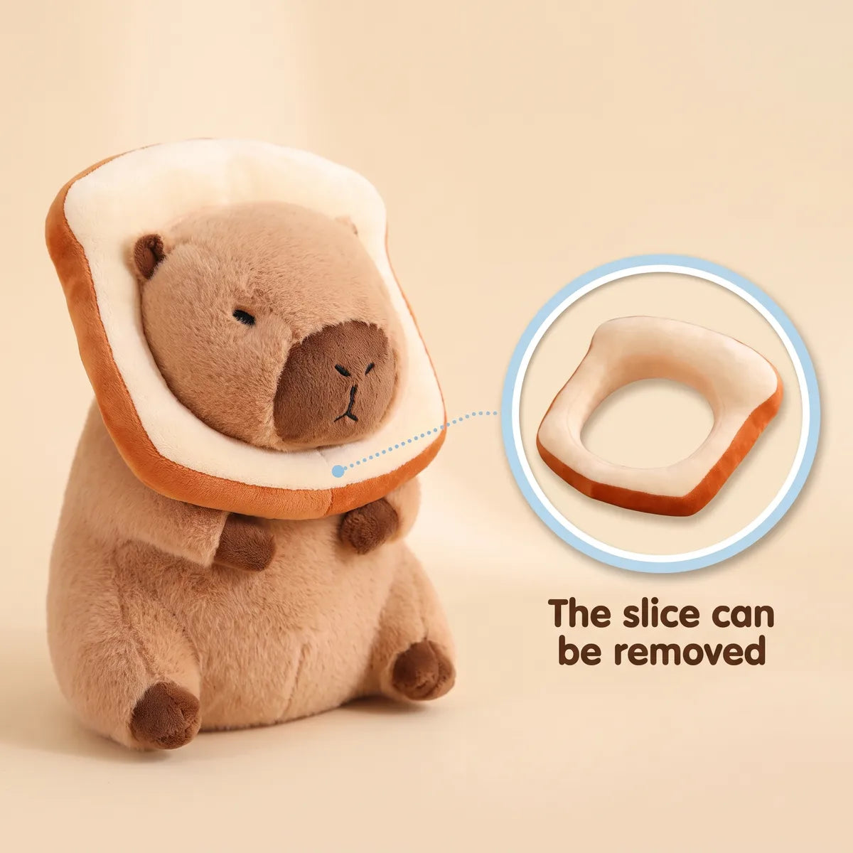 Slice of bread capybara plush shown with the toast slice taken off