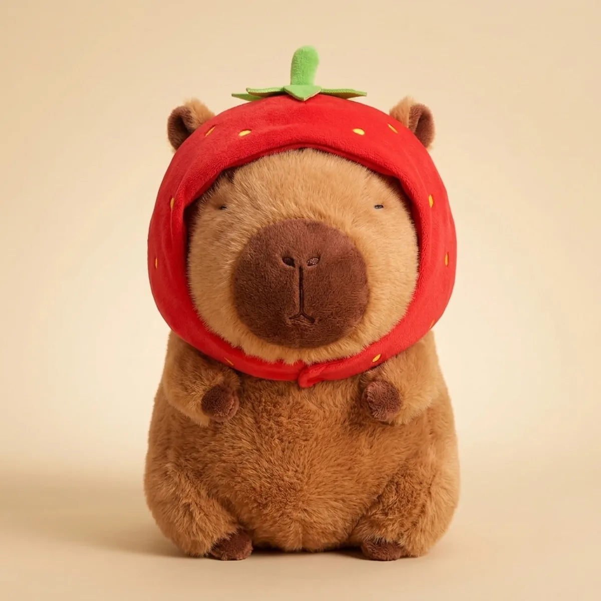 Front view of the brown strawberry capybara plush wearing its red berry hood on a cream background
