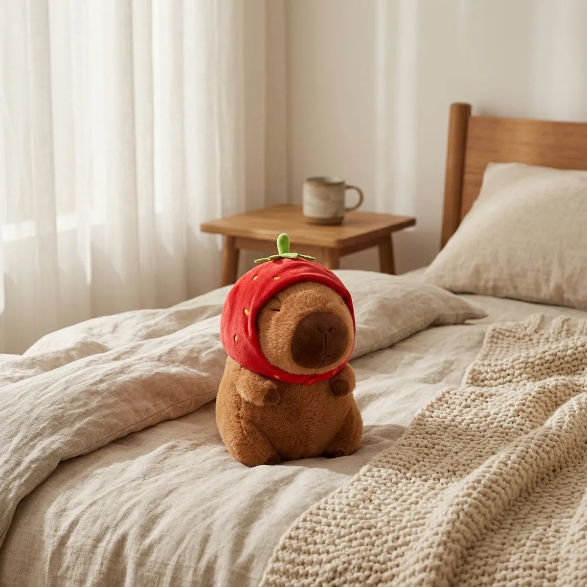 Strawberry capybara plush sitting on a linen bed in a bright bedroom