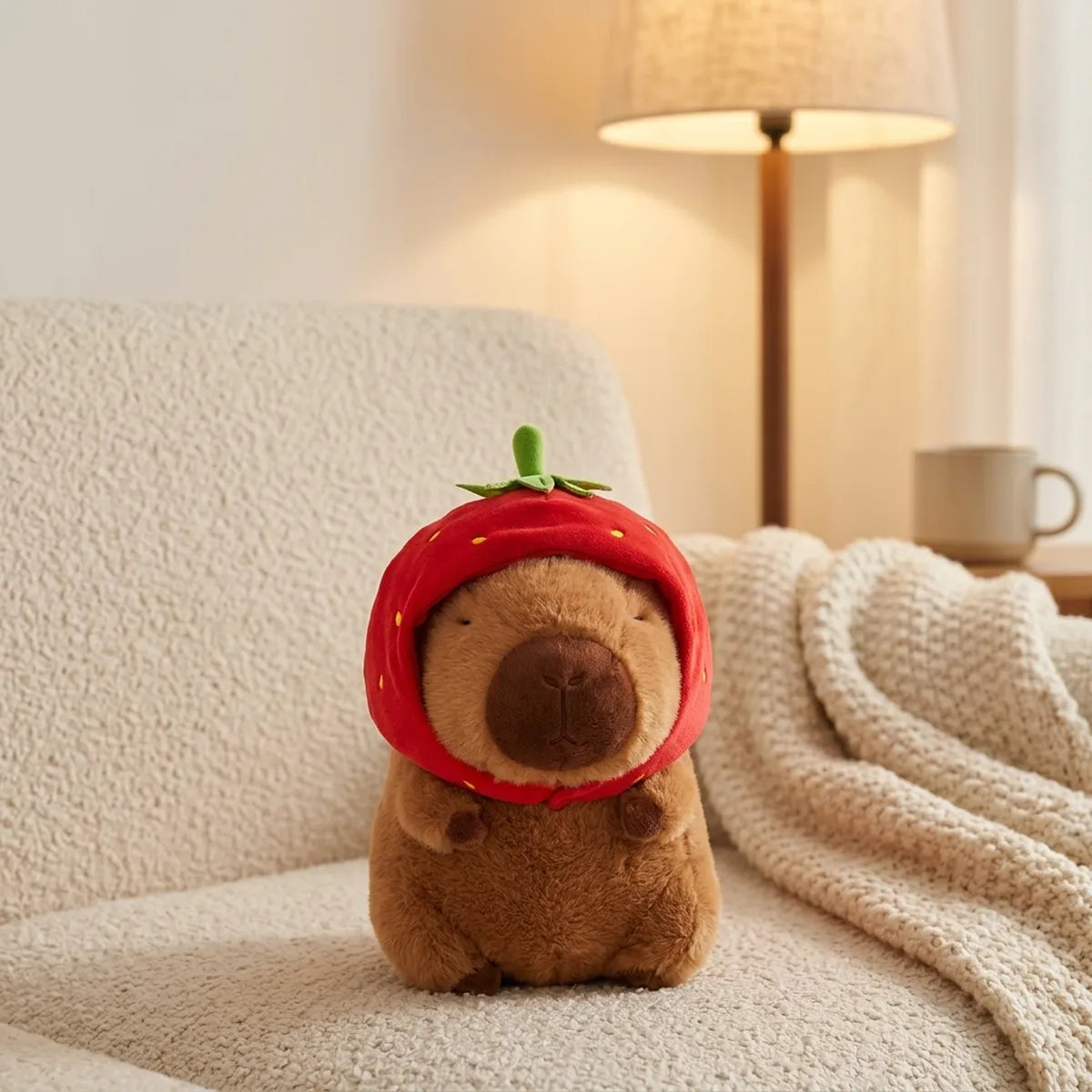 Strawberry capybara plush resting on a boucle sofa next to a warm lamp