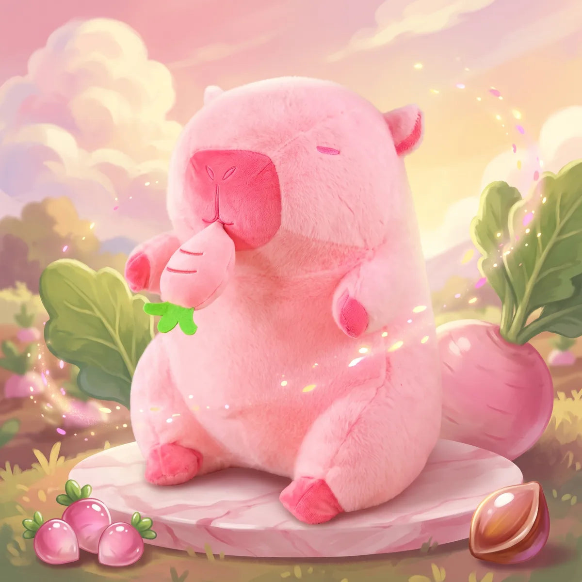 Pink capybara plush holding a turnip on a stone disc in a painted garden patch at sunset
