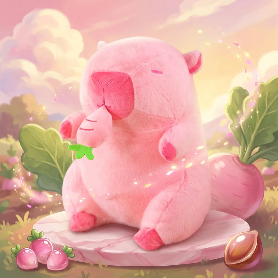 Pink capybara plush holding a turnip on a stone disc in a painted garden patch at sunset