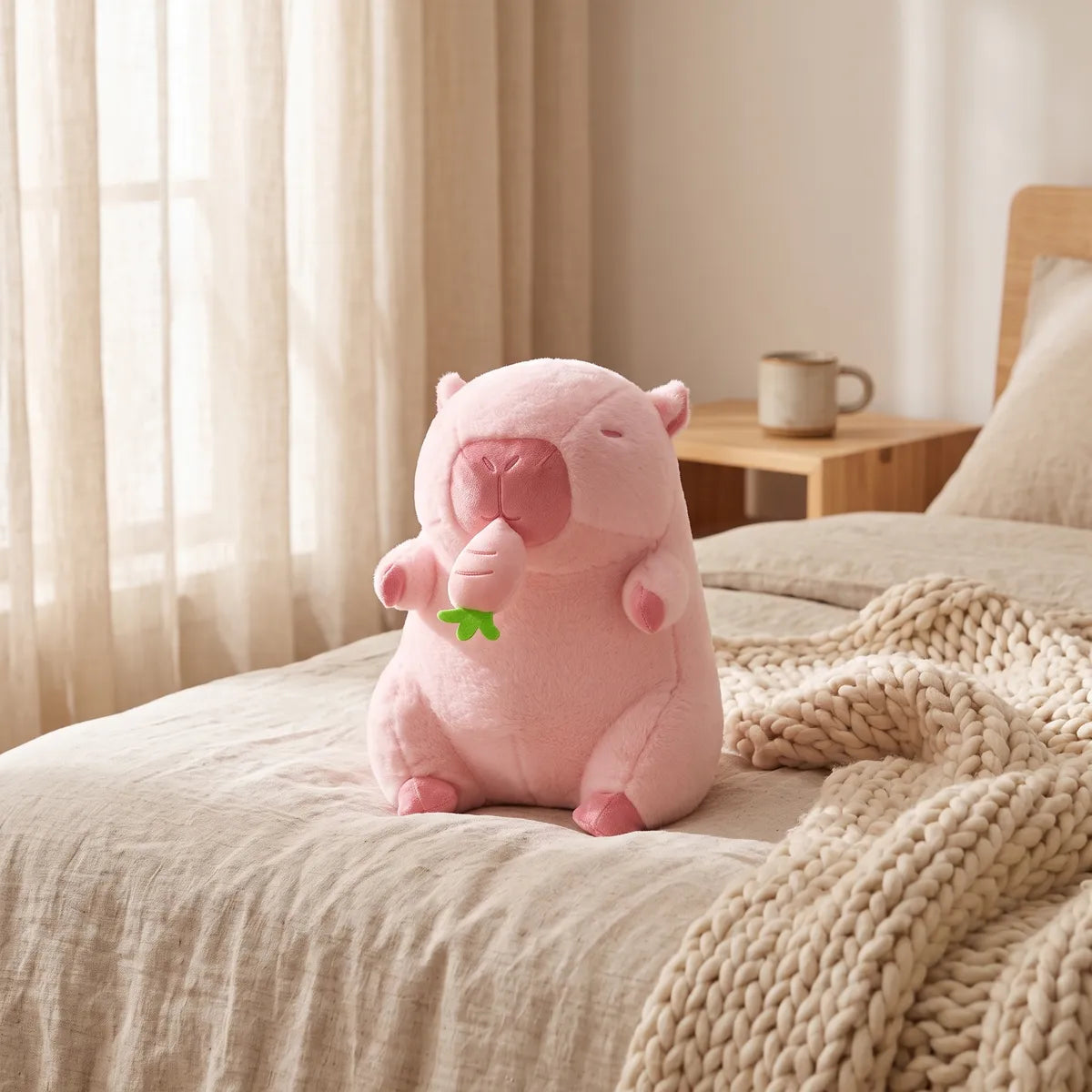 Pink capybara plush sitting on a linen bed next to a chunky cream knit throw