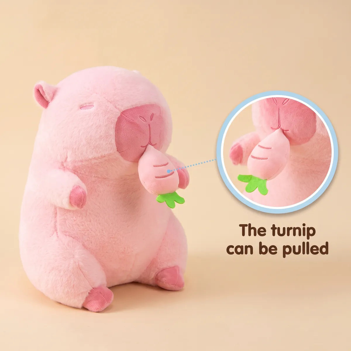 Pink capybara plush shown with an inset close-up noting that the plush turnip can be pulled