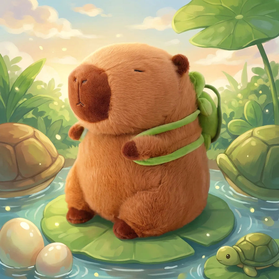 Turtle backpack capybara plush sitting on a lily pad in an illustrated pond