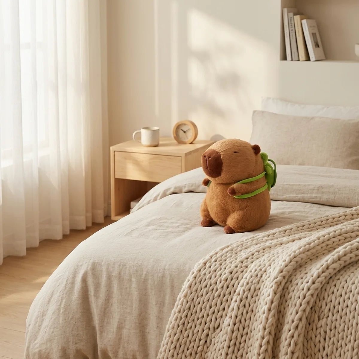 Turtle backpack capybara plush sitting on a linen bed in a sunlit bedroom