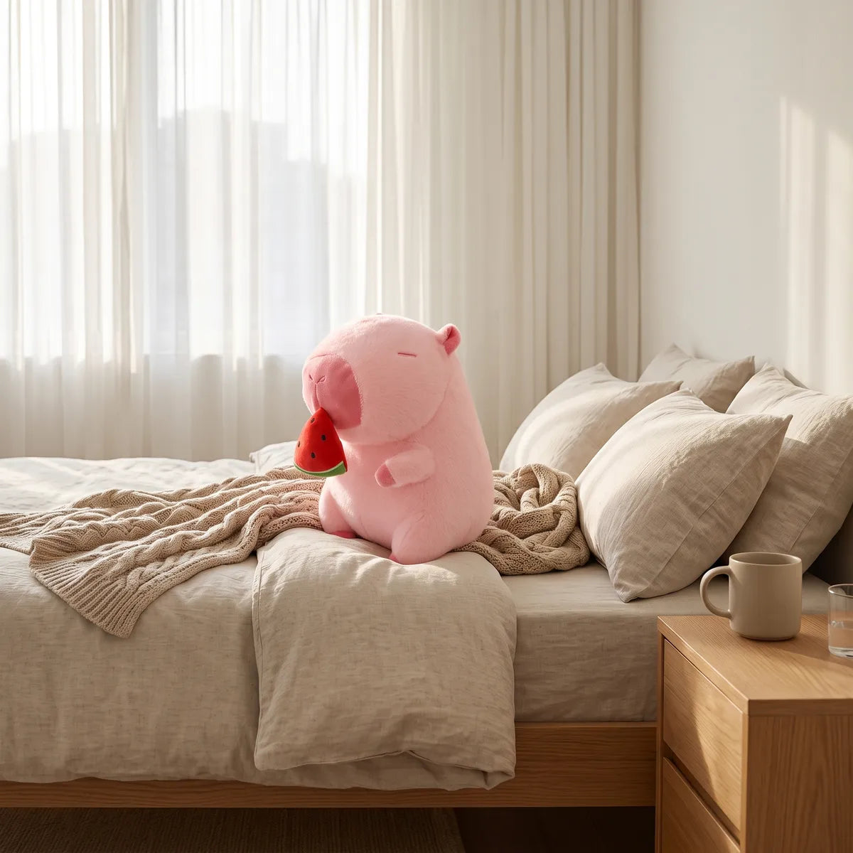 Pink watermelon capybara plush sitting on a linen bed in morning light