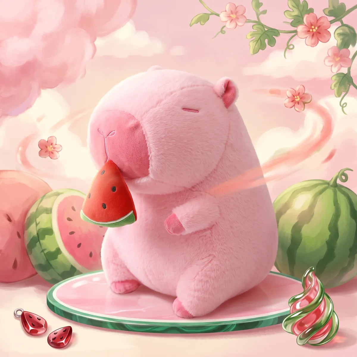 Pink watermelon capybara plush holding a red wedge beside whole watermelons