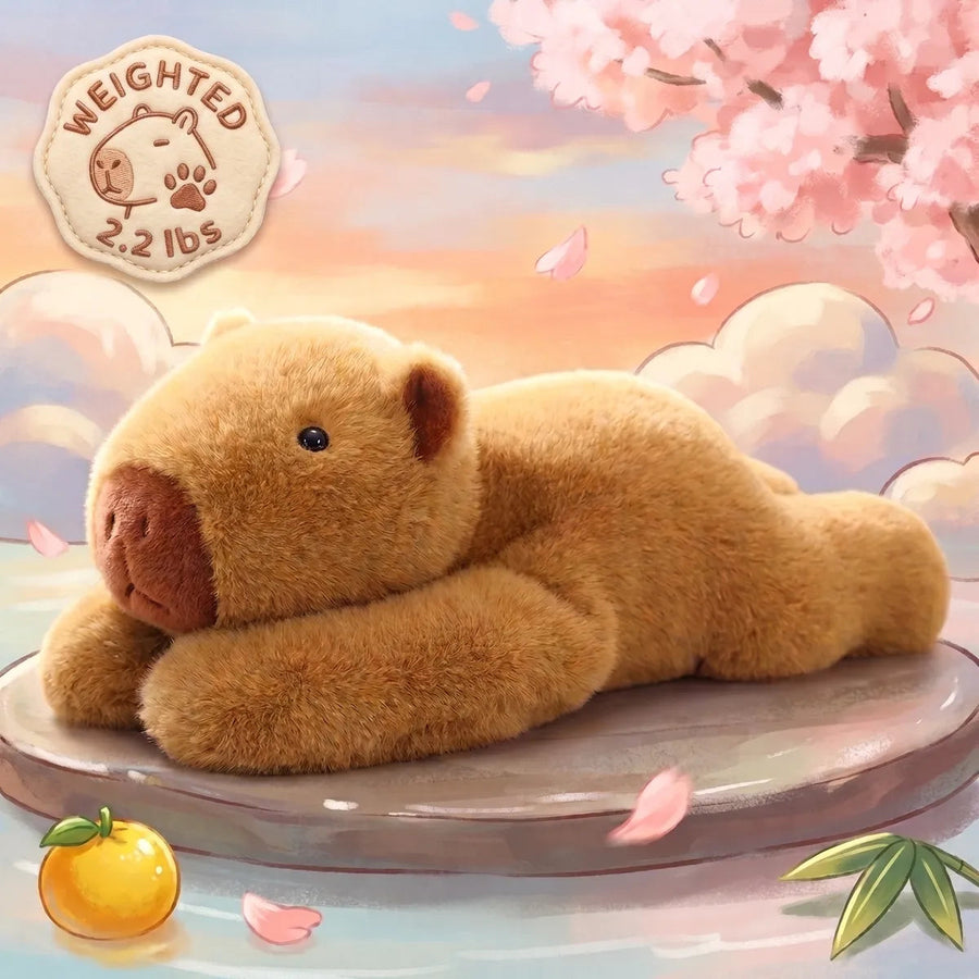 Weighted capybara plush lying under cherry blossom with a 2.2 lbs weighted badge