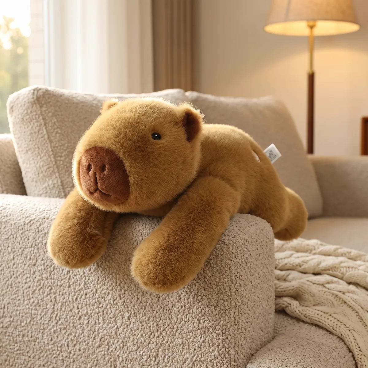 Weighted capybara plush draped over a sofa