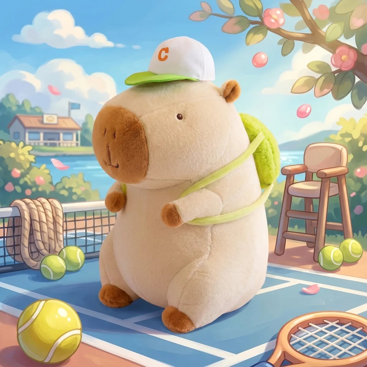 White tennis backpack capybara plush sitting on an illustrated tennis court