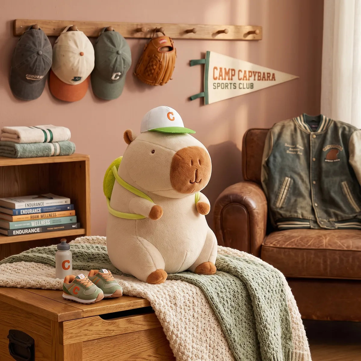 White tennis backpack capybara plush on a wooden chest in a room decorated with caps and a pennant